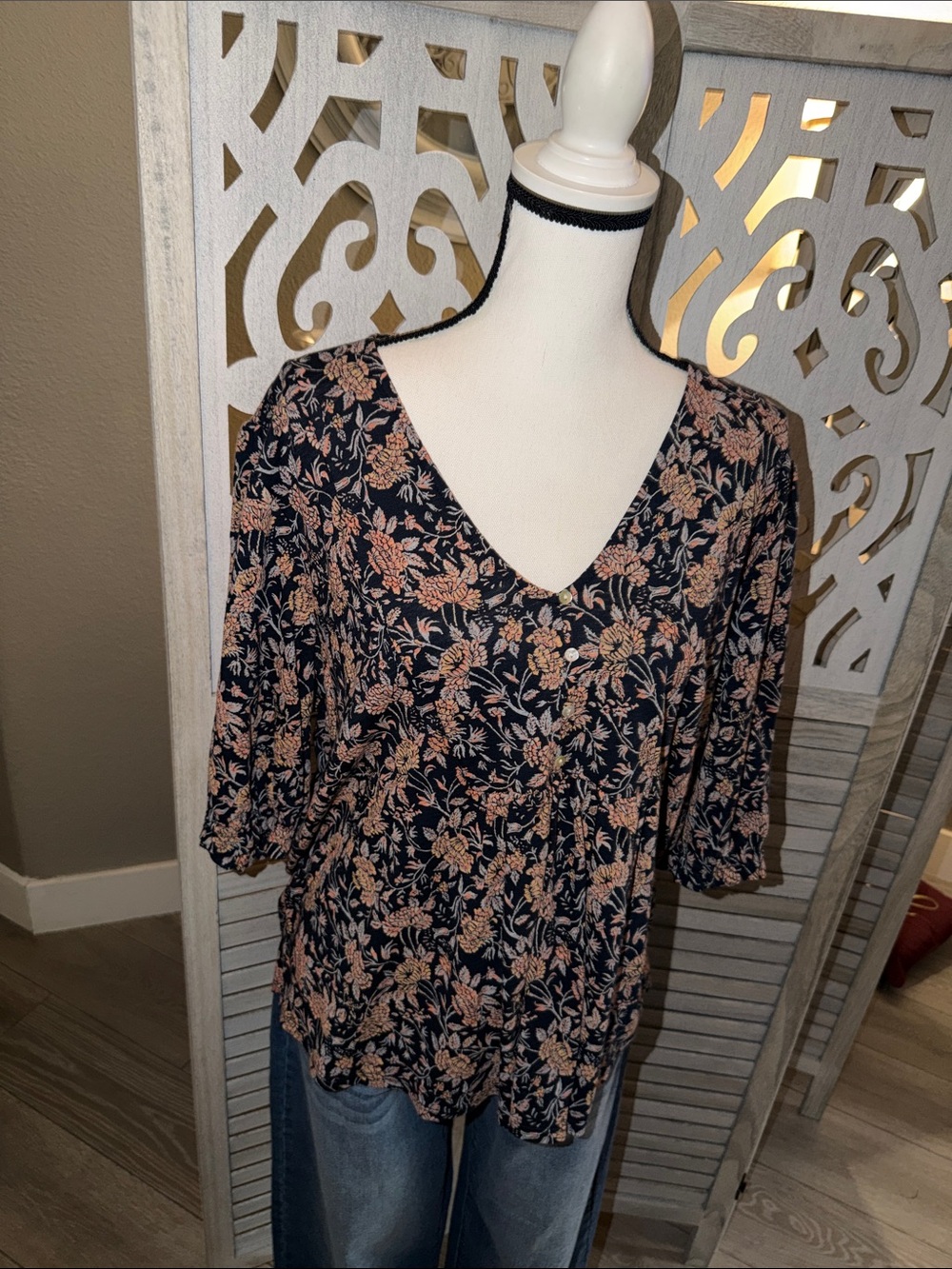 Lucky Brand Navy Floral V-Neck Blouse with Peach Print